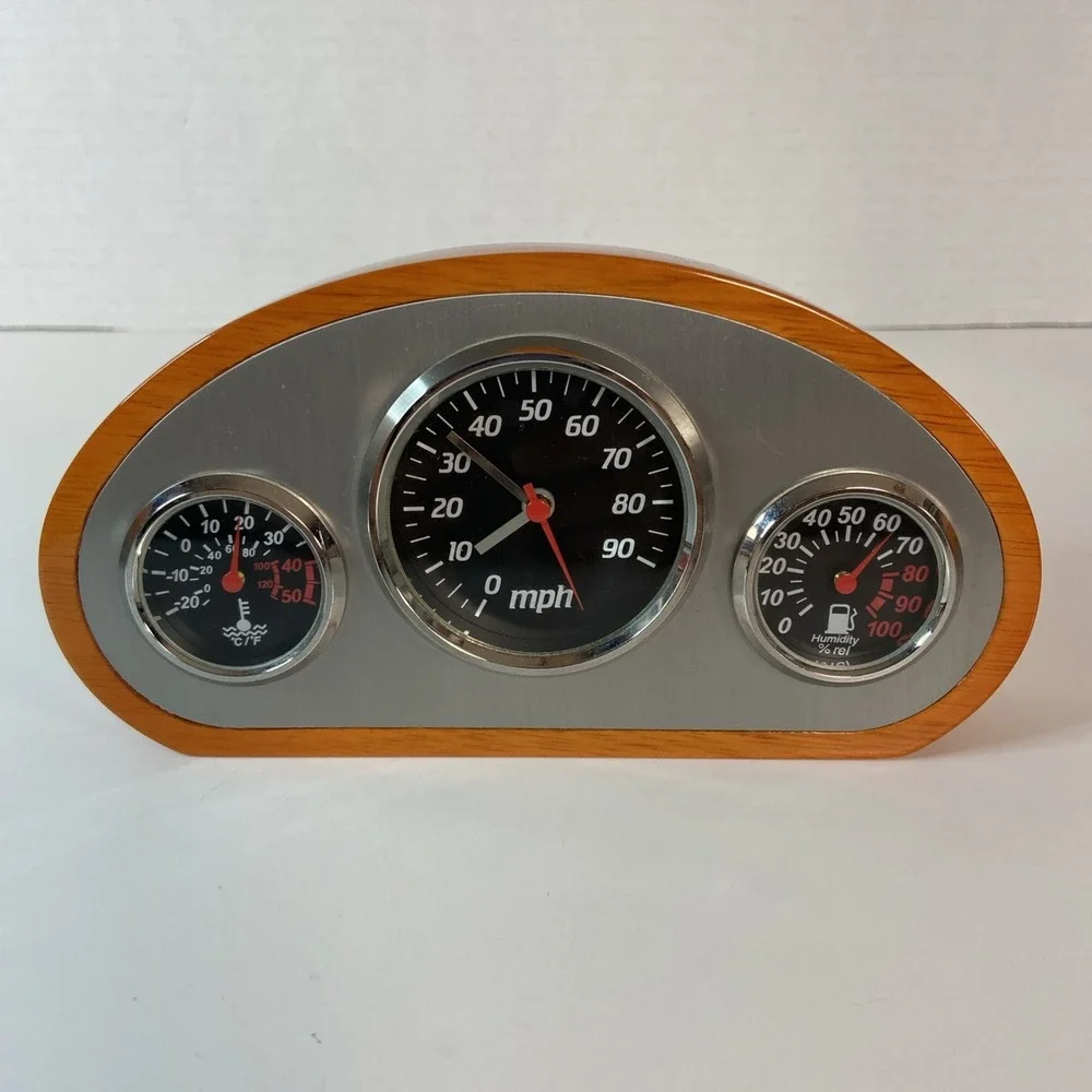 Desktop Car Dashboard Style Clock w/Time, Temp And Humidity Display Wood & Metal